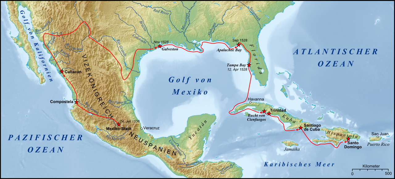 Expedición de Álvar Núñez Cabeza de Vaca, durante su primer viaje a América. Origen https://es.wikipedia.org