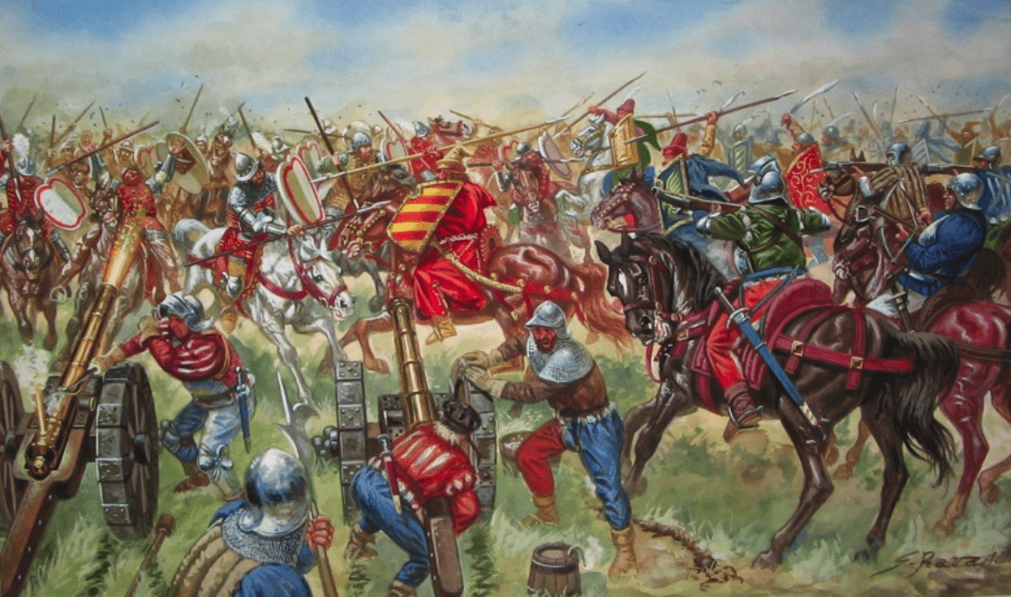 Batalla de Rávena 1512. Enfrentamiento de caballerías. Se observa la caballería ligera española con adargas. Autor Giuseppe Rava