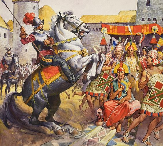 Reunión en Pultumarca. Hernando de Soto, uno de los hombres de Pizarro, asoma su caballo asustando a la guardia del emperador inca Atahualpa.
Origen: https://br.pinterest.com/