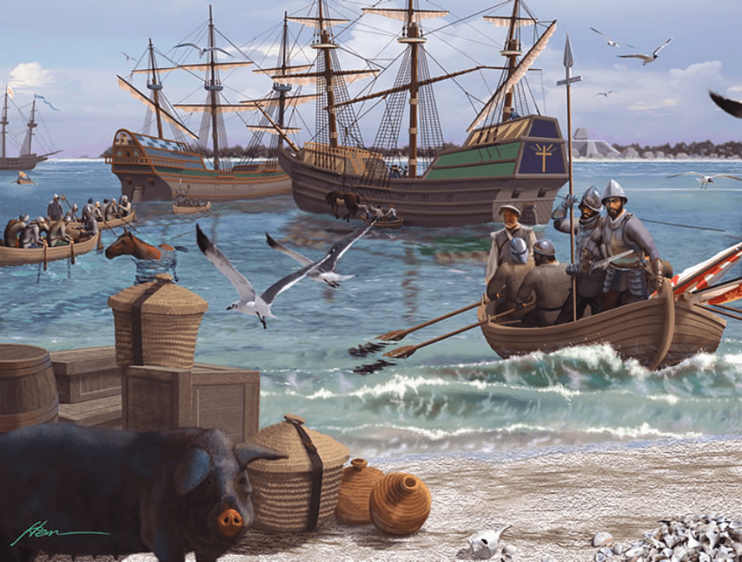Expedición de Hernando de Soto. Desembarco en la bahía de Tampa el 30 de mayo de 1.539. Autor Hermann Trappman