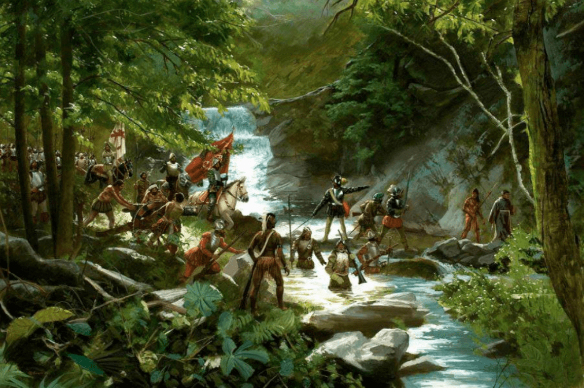 Expedición de Hernando de Soto dirigiéndose al río Mississippi. 
Autor Jim Carson